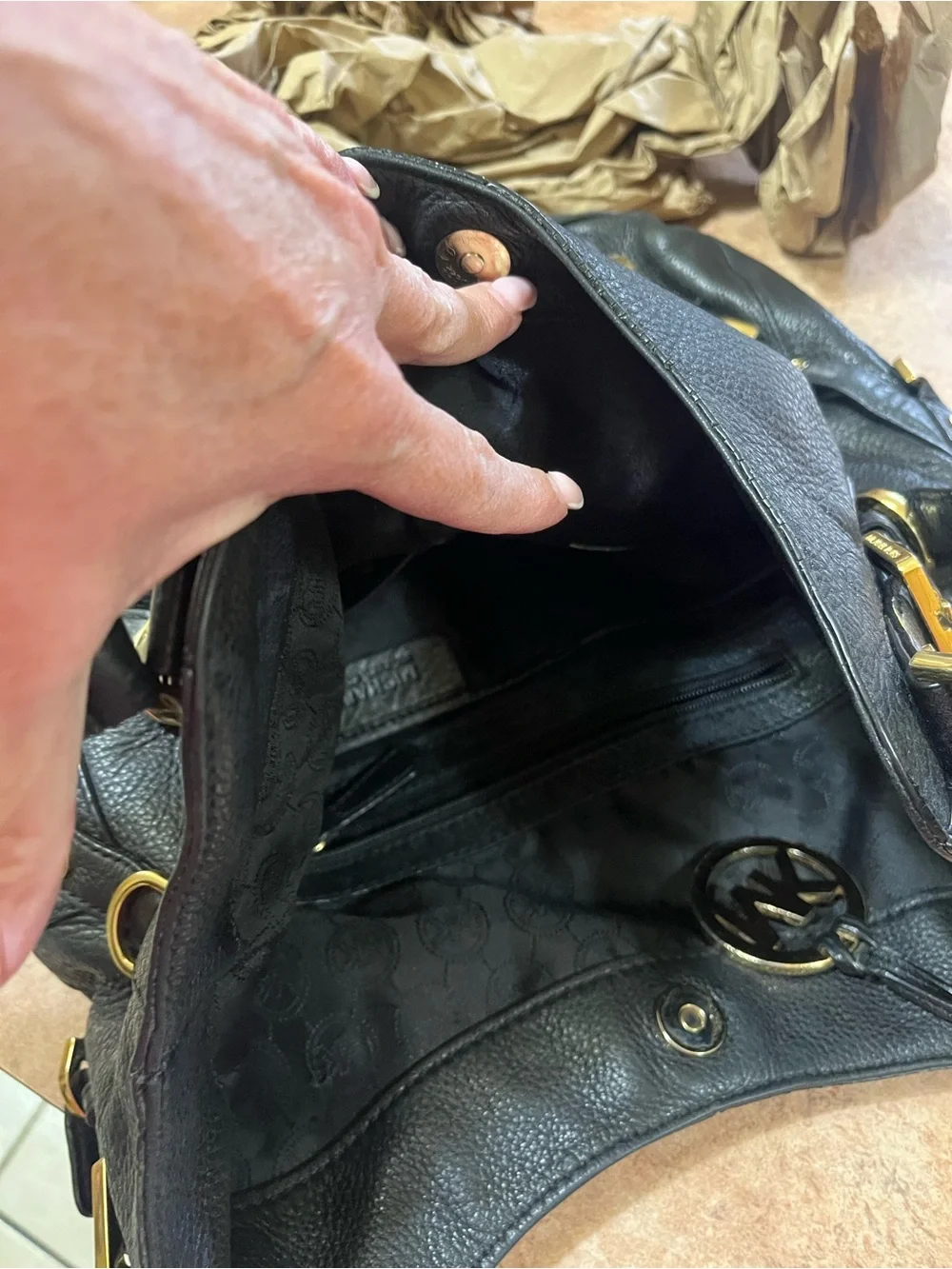 Michael Kors Black Pebbled Leather Shoulder Bag with Gold Hardware